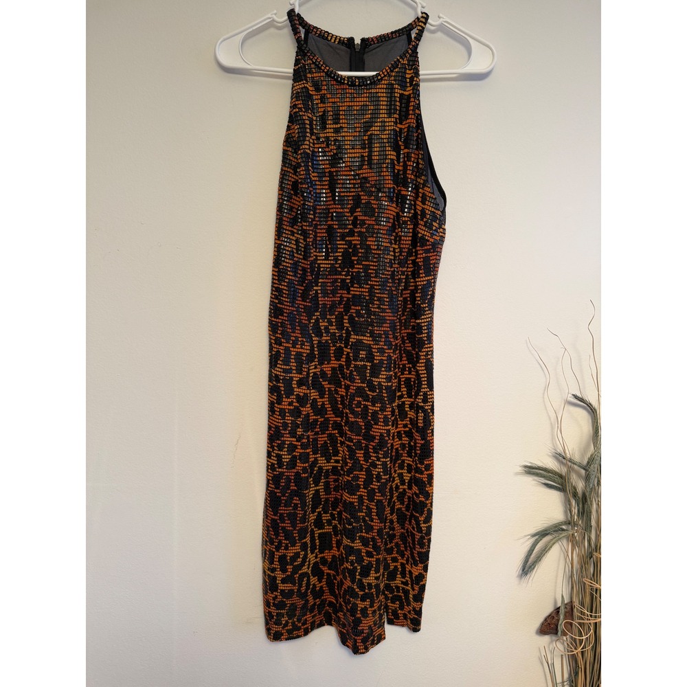 Ganine‎ Orange Black Animal Print Sequin Halter Mesh Back Sheath Dress Womens M